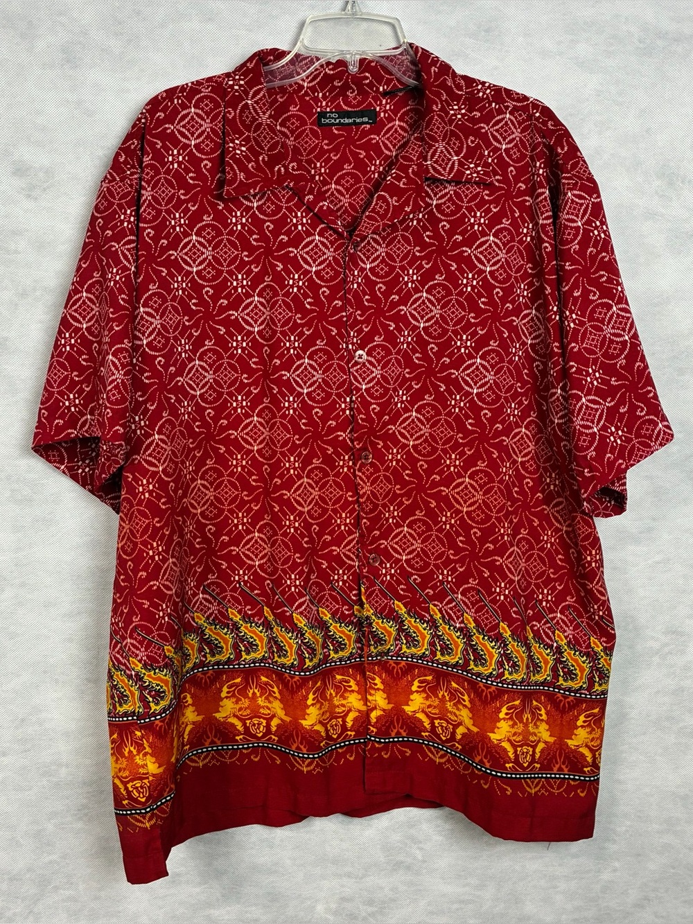 Vtg No Boundaries Tribal Dragon Flame Mens XL Red Short Sleeve Button Up 90s Y2K